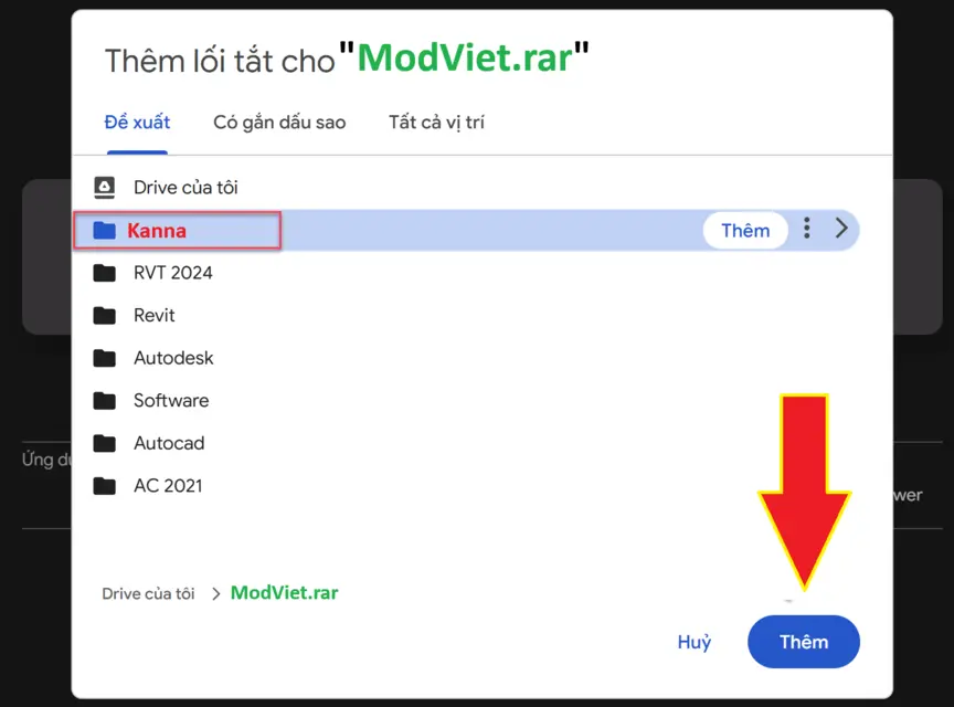 Chọn thư mục thêm lối tắt
