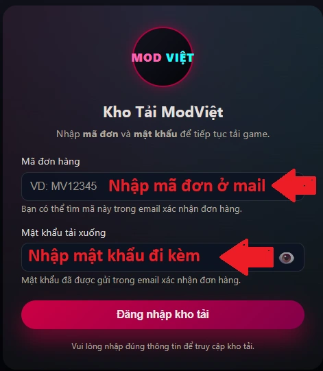 Nội dung email mã đơn và mật khẩu