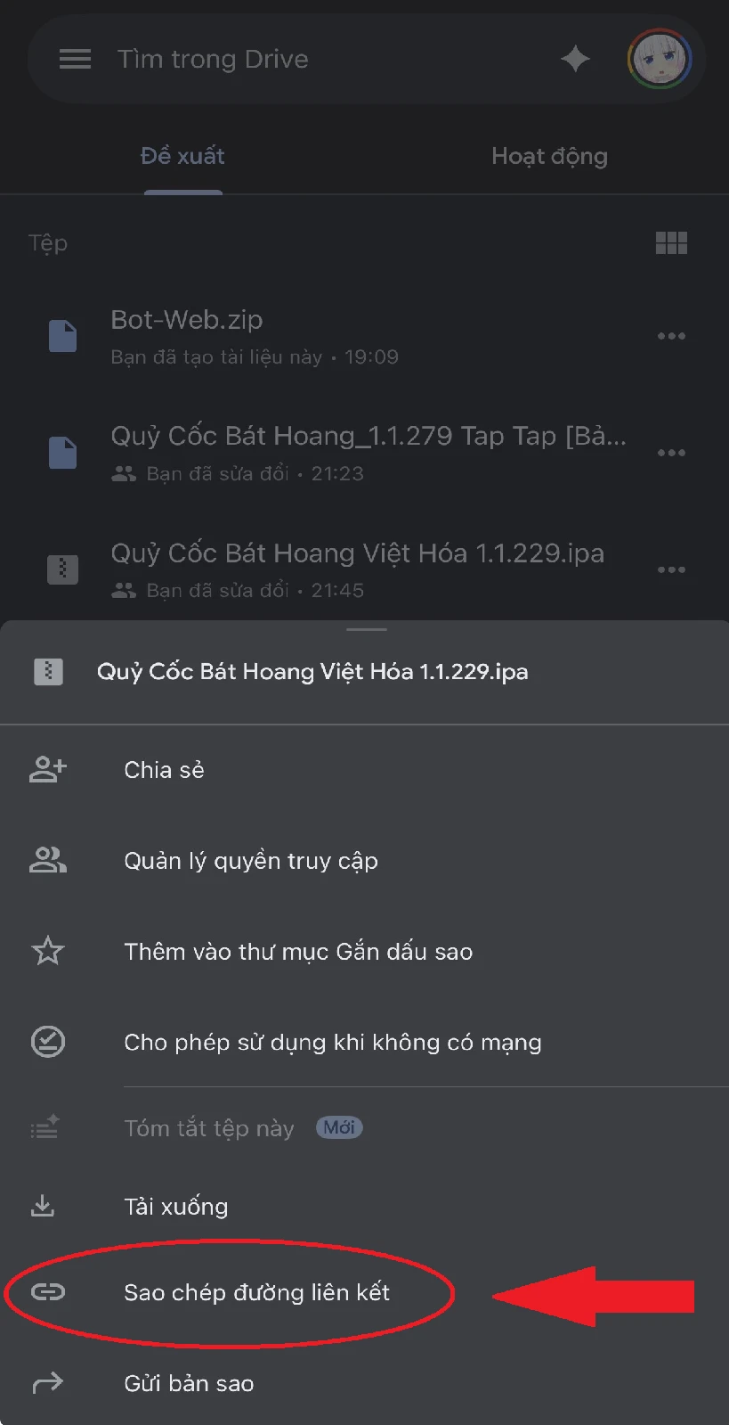 Chọn Sao chép liên kết trong menu ... của file